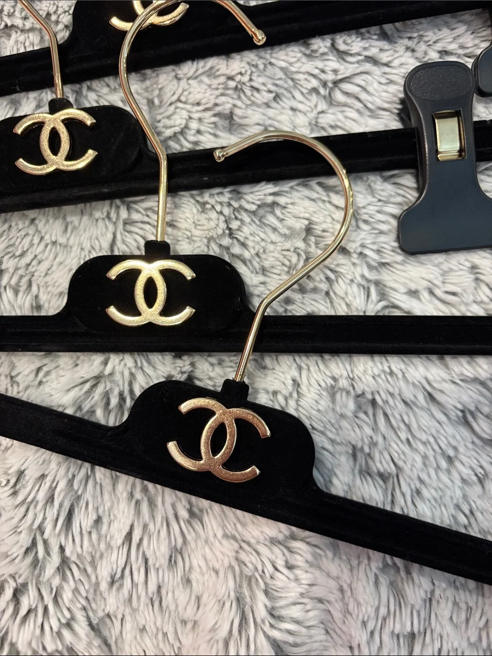 CHANEL Black Velvet Clip Hangers with Gold CC Logo